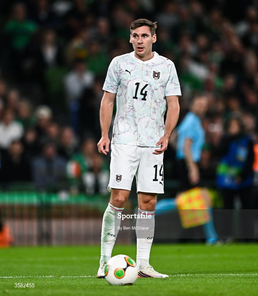 1 October 2026; Maximilian Wöber of Austria during the UEFA Nations League B match between the Republic of Ireland and Austria at the Aviva Stadium in Dublin. Photo by Ben McShane/Sportsfile
