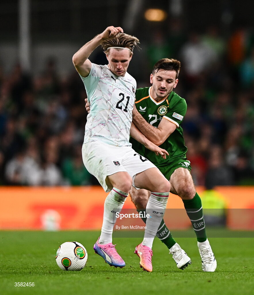 1 October 2026; Patrick Wimmer of Austria and Liam Kitching of Republic of Ireland during the UEFA Nations League B match between the Republic of Ireland and Austria at the Aviva Stadium in Dublin. Photo by Ben McShane/Sportsfile