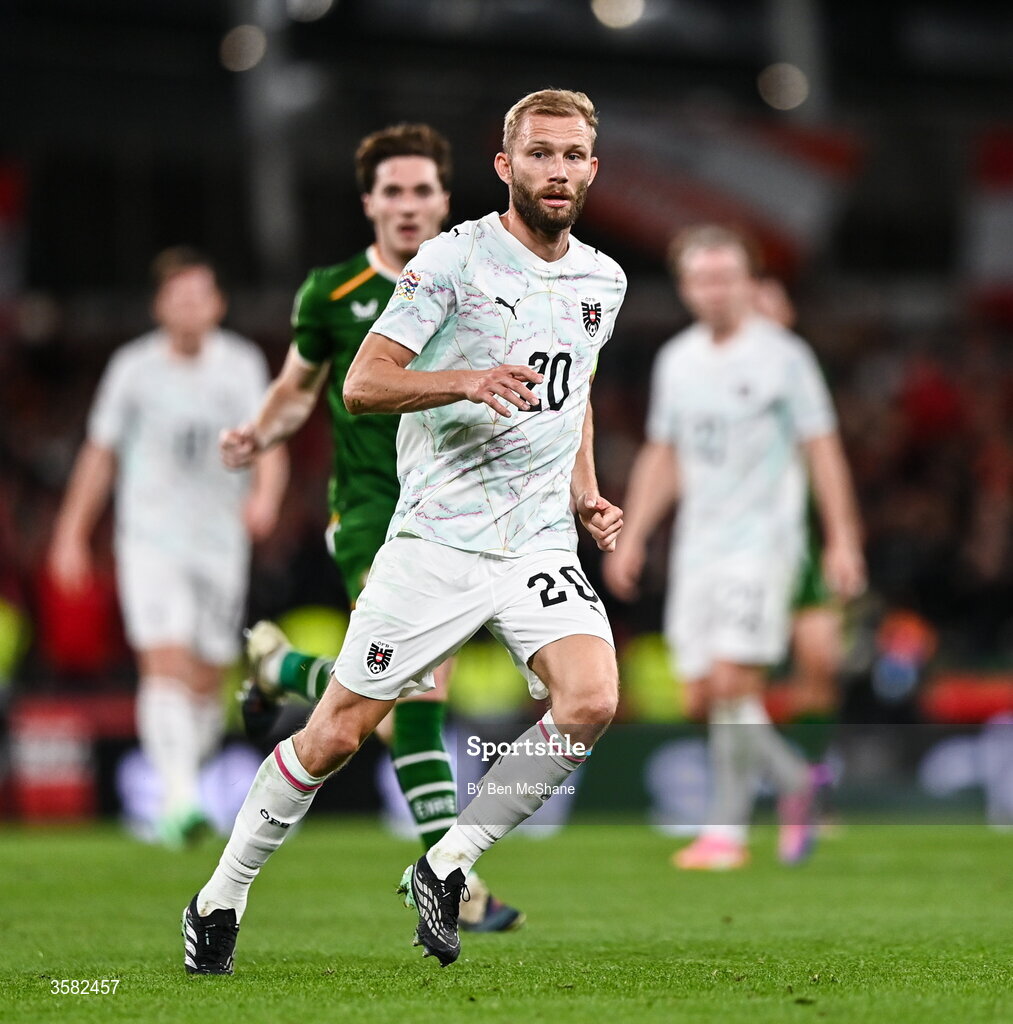 1 October 2026; Konrad Laimer of Austria during the UEFA Nations League B match between the Republic of Ireland and Austria at the Aviva Stadium in Dublin. Photo by Ben McShane/Sportsfile