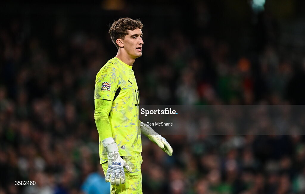 1 October 2026; Austria goalkeeper Florian Wiegele during the UEFA Nations League B match between the Republic of Ireland and Austria at the Aviva Stadium in Dublin. Photo by Ben McShane/Sportsfile