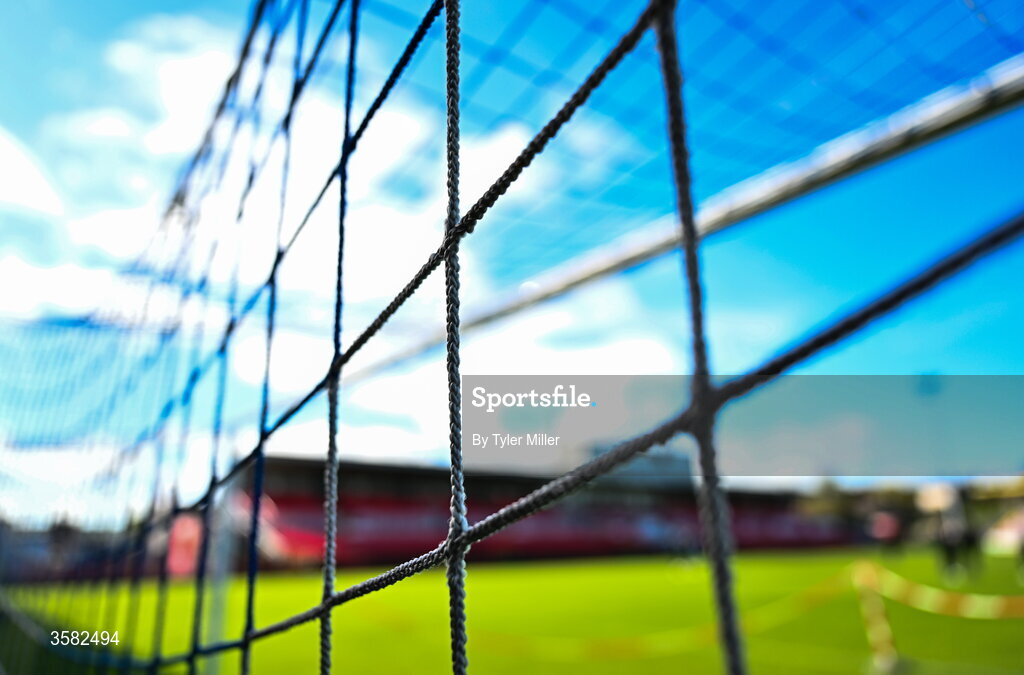 3 October 2026; A detailed view of the goal netting before the FAI Junior Cup final between Coachford and Evergreen at Munster FA Turner's Cross Park in Cork. Photo by Tyler Miller/Sportsfile