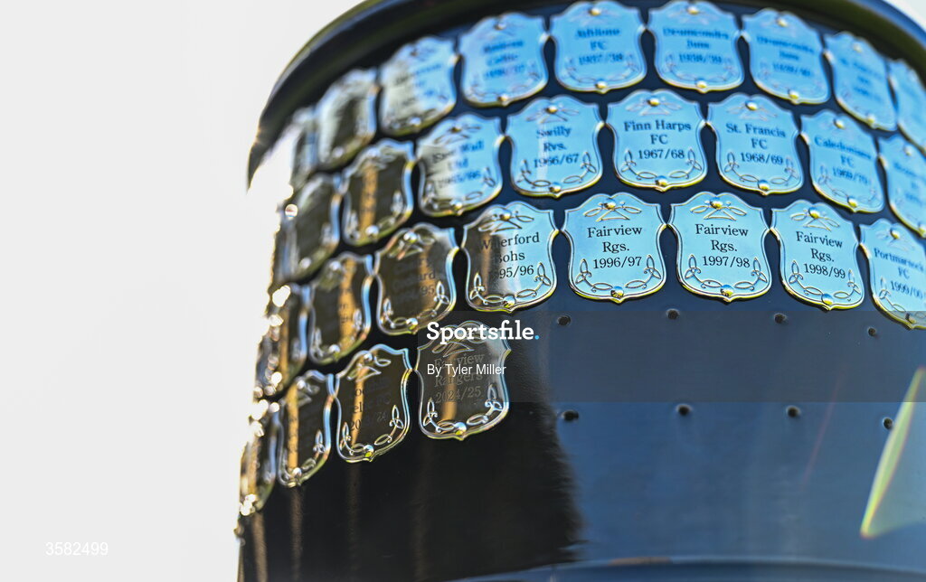 3 October 2026; A detailed view of the trophy before the FAI Junior Cup final between Coachford and Evergreen at Munster FA Turner's Cross Park in Cork. Photo by Tyler Miller/Sportsfile
