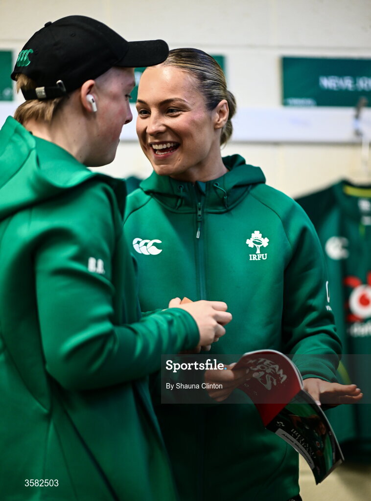 3 October 2026; Beth Buttimer, left, and Alana McInerney of Ireland ahead of the International Women's Rugby fixture between Ireland and Japan at Virgin Media Park in Cork. Photo by Shauna Clinton/Sportsfile