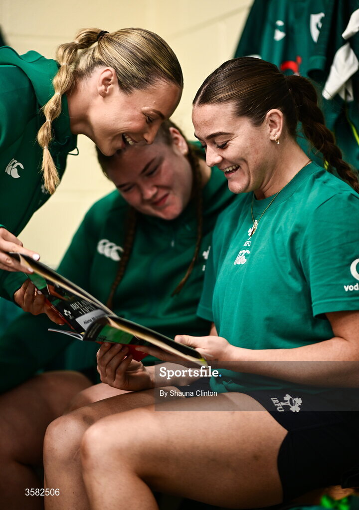 3 October 2026; Ireland players, from left, Alana McInerney, Eilís Cahill and Jane Clohessy ahead of the International Women's Rugby fixture between Ireland and Japan at Virgin Media Park in Cork. Photo by Shauna Clinton/Sportsfile