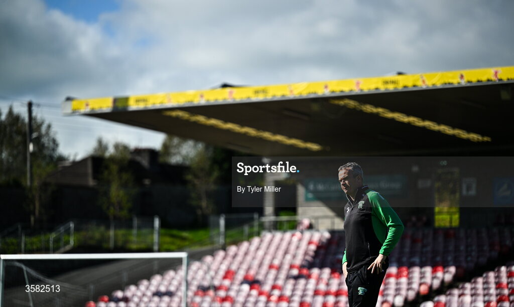 3 October 2026; Coachford manager Donal Moynihan before the FAI Junior Cup final between Coachford and Evergreen at Munster FA Turner's Cross Park in Cork. Photo by Tyler Miller/Sportsfile