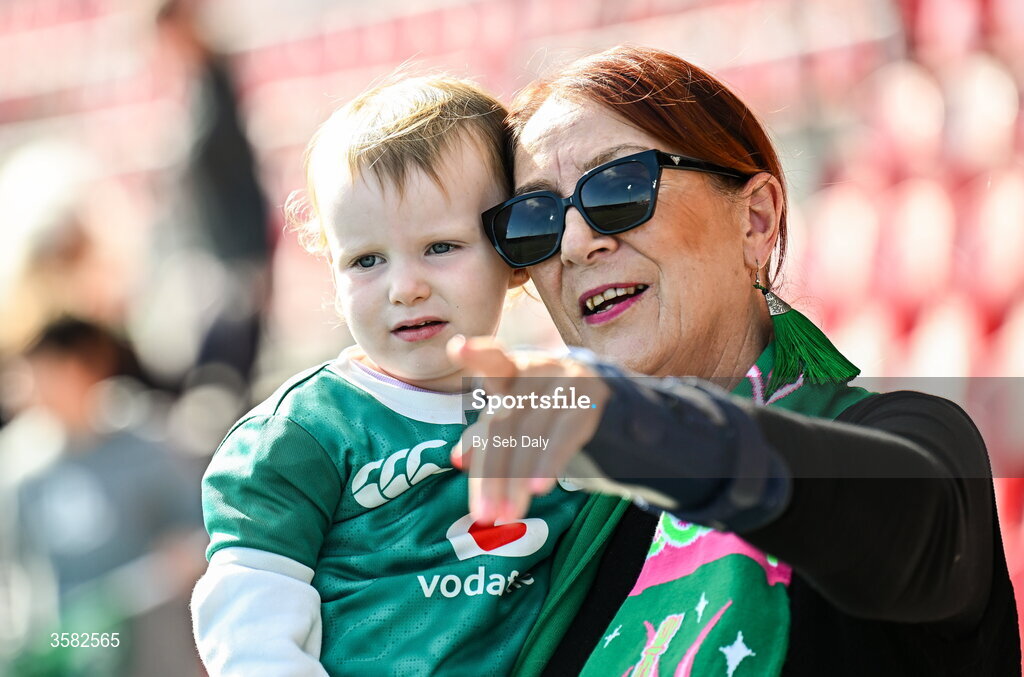 3 October 2026; Young Ireland supporter Caoimhe Wilmot, age two, with her grandmother Liz Lynch, before the International Women's Rugby fixture between Ireland and Japan at Virgin Media Park in Cork. Photo by Seb Daly/Sportsfile