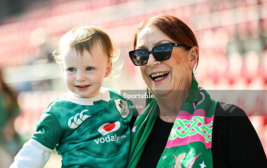 3 October 2026; Young Ireland supporter Caoimhe Wilmot, age two, with her grandmother Liz Lynch, before the International Women's Rugby fixture between Ireland and Japan at Virgin Media Park in Cork. Photo by Seb Daly/Sportsfile