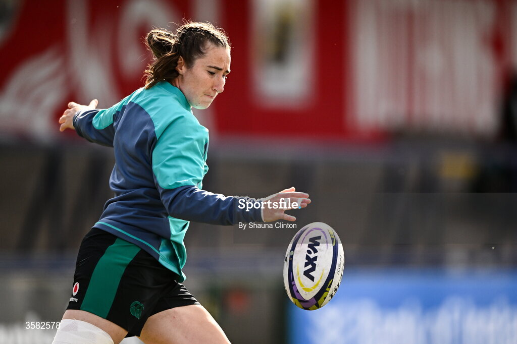 3 October 2026; Eve Higgins of Ireland warms-up before the International Women's Rugby fixture between Ireland and Japan at Virgin Media Park in Cork. Photo by Shauna Clinton/Sportsfile