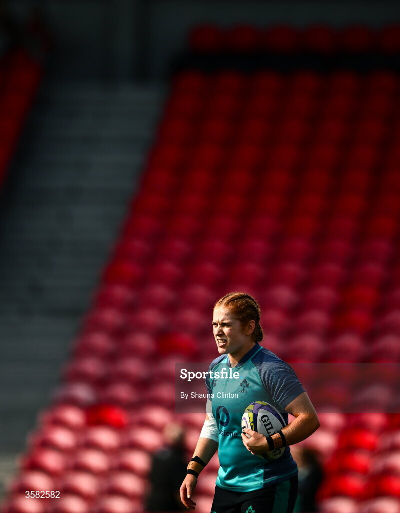 3 October 2026; Niamh O'Dowd of Ireland warms-up before the International Women's Rugby fixture between Ireland and Japan at Virgin Media Park in Cork. Photo by Shauna Clinton/Sportsfile