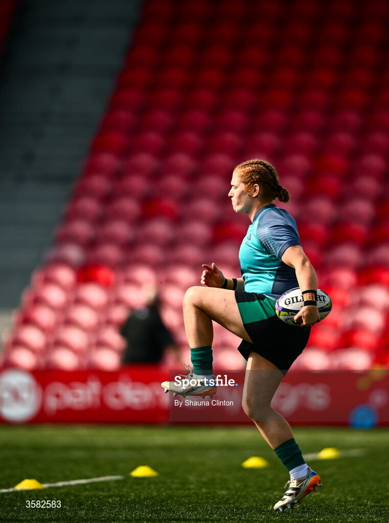3 October 2026; Niamh O'Dowd of Ireland warms-up before the International Women's Rugby fixture between Ireland and Japan at Virgin Media Park in Cork. Photo by Shauna Clinton/Sportsfile