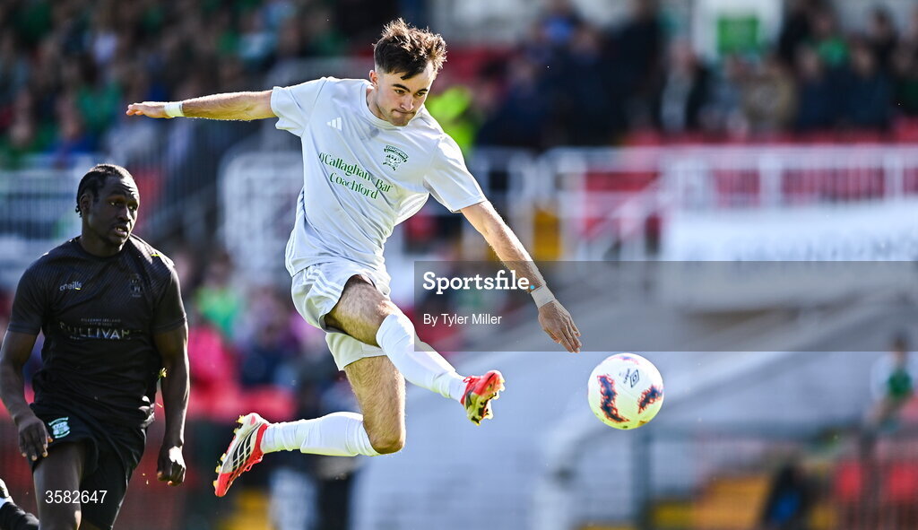 3 October 2026; Luke Casey of Coachford on his way to scoring his side's first goal during the FAI Junior Cup final between Coachford and Evergreen at Munster FA Turner's Cross Park in Cork. Photo by Tyler Miller/Sportsfile