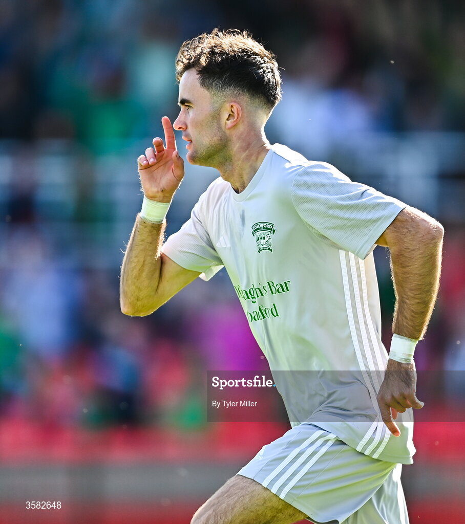 3 October 2026; Luke Casey of Coachford celebrates after scoring his side's first goal during the FAI Junior Cup final between Coachford and Evergreen at Munster FA Turner's Cross Park in Cork. Photo by Tyler Miller/Sportsfile