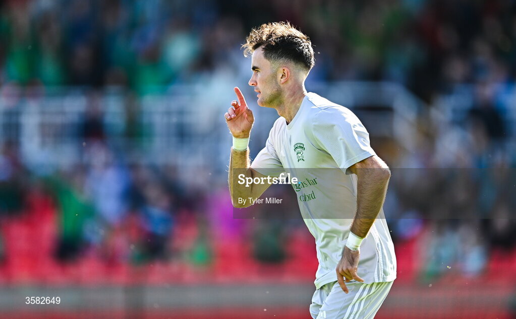 3 October 2026; Luke Casey of Coachford celebrates after scoring his side's first goal during the FAI Junior Cup final between Coachford and Evergreen at Munster FA Turner's Cross Park in Cork. Photo by Tyler Miller/Sportsfile