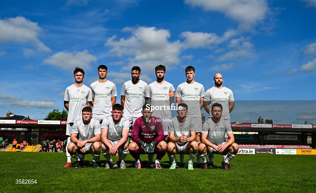 3 October 2026; The Coachford team before the FAI Junior Cup final between Coachford and Evergreen at Munster FA Turner's Cross Park in Cork. Photo by Tyler Miller/Sportsfile