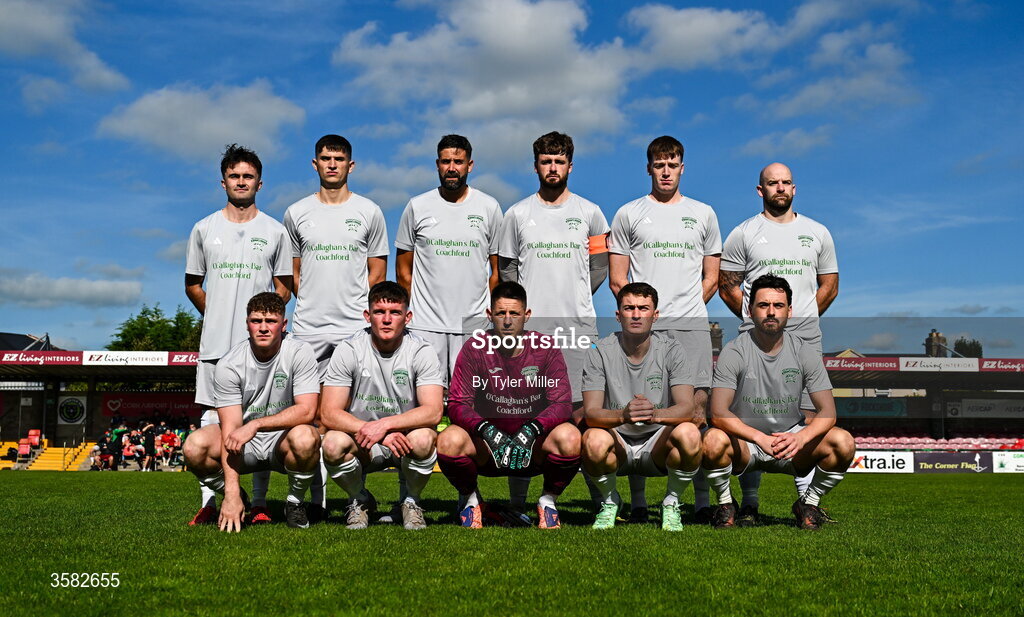 3 October 2026; The Coachford team before the FAI Junior Cup final between Coachford and Evergreen at Munster FA Turner's Cross Park in Cork. Photo by Tyler Miller/Sportsfile