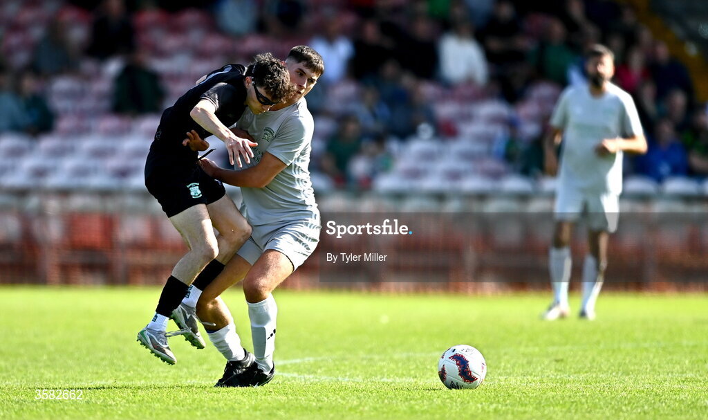 3 October 2026; Sam Hickey of Evergreen in action against Adam Murphy of Coachford during the FAI Junior Cup final between Coachford and Evergreen at Munster FA Turner's Cross Park in Cork. Photo by Tyler Miller/Sportsfile