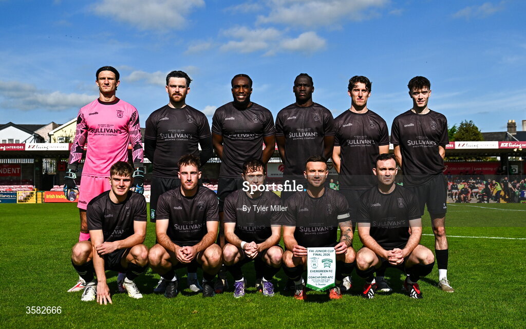 3 October 2026; The Evergreen team before the FAI Junior Cup final between Coachford and Evergreen at Munster FA Turner's Cross Park in Cork. Photo by Tyler Miller/Sportsfile