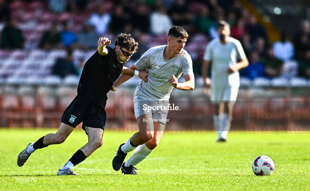3 October 2026; Sam Hickey of Evergreen in action against Adam Murphy of Coachford during the FAI Junior Cup final between Coachford and Evergreen at Munster FA Turner's Cross Park in Cork. Photo by Tyler Miller/Sportsfile