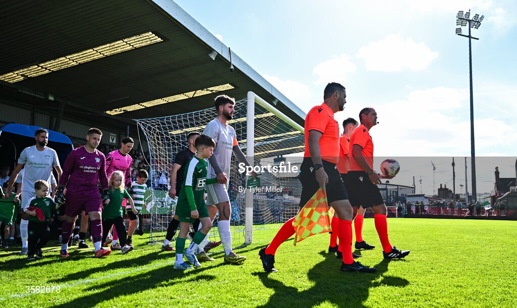 3 October 2026; Players from both sides make their way onto the pitch before the FAI Junior Cup final between Coachford and Evergreen at Munster FA Turner's Cross Park in Cork. Photo by Tyler Miller/Sportsfile