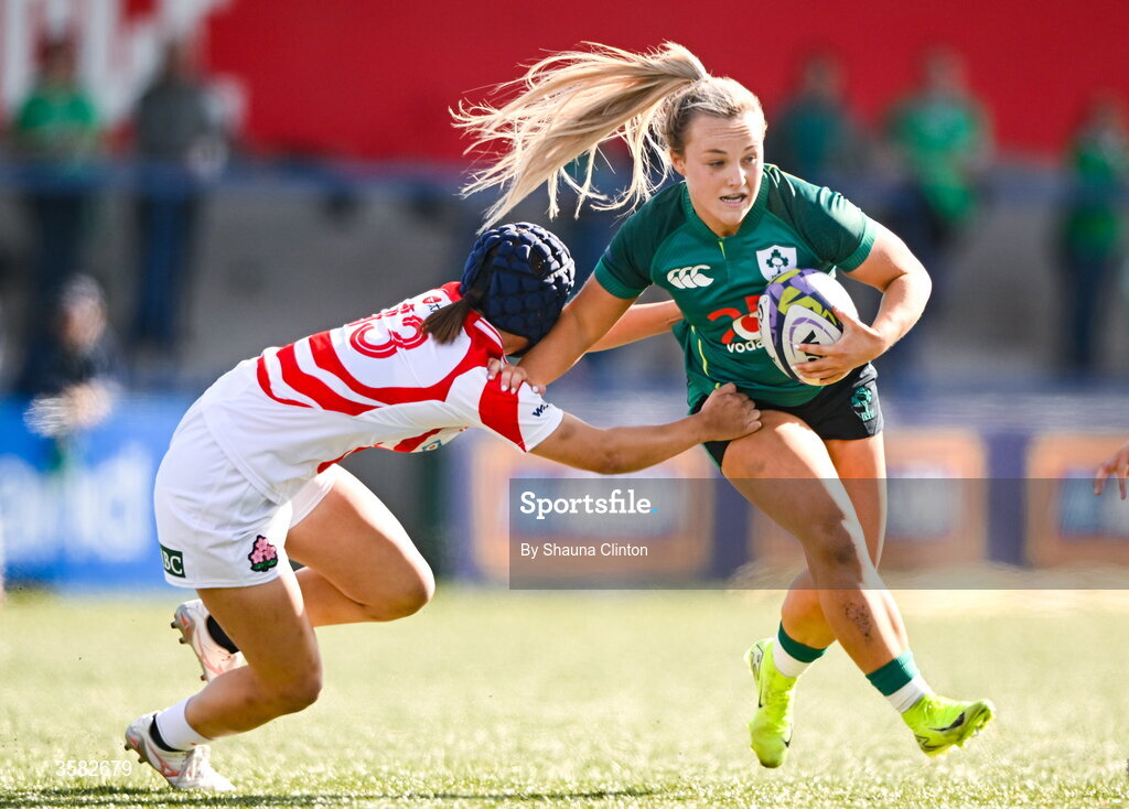 3 October 2026; Aoife Dalton of Ireland in action against Uta Kataoka of Japan during the International Women's Rugby fixture between Ireland and Japan at Virgin Media Park in Cork. Photo by Shauna Clinton/Sportsfile