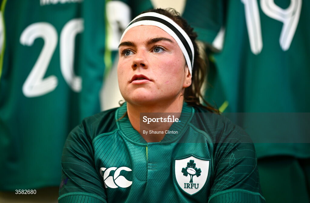 3 October 2026; Kate Jordan of Ireland in the dressing-room before the International Women's Rugby fixture between Ireland and Japan at Virgin Media Park in Cork. Photo by Shauna Clinton/Sportsfile