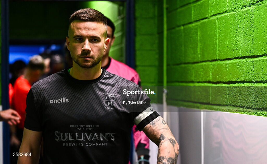 3 October 2026; Evergreen captain Michael Drennan before the FAI Junior Cup final between Coachford and Evergreen at Munster FA Turner's Cross Park in Cork. Photo by Tyler Miller/Sportsfile