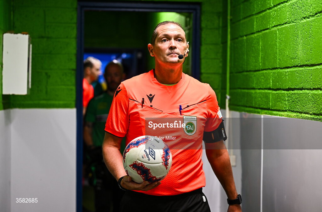 3 October 2026; Referee Brian Higgins before the FAI Junior Cup final between Coachford and Evergreen at Munster FA Turner's Cross Park in Cork. Photo by Tyler Miller/Sportsfile