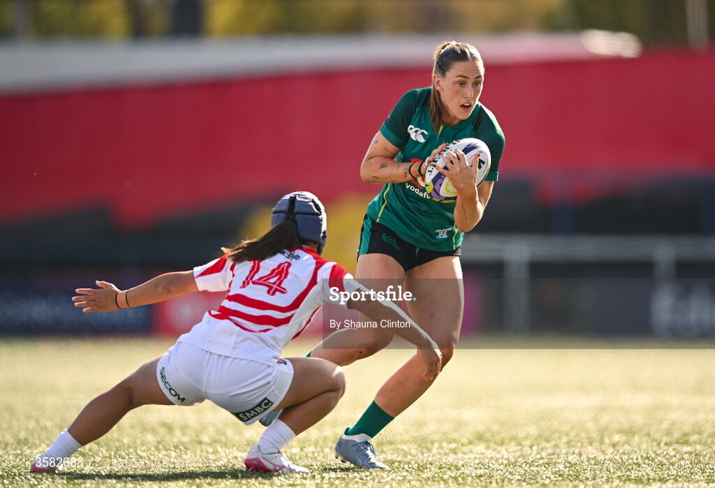 3 October 2026; Anna McGann of Ireland in action against Honoka Tsunokawa of Japan during the International Women's Rugby fixture between Ireland and Japan at Virgin Media Park in Cork. Photo by Shauna Clinton/Sportsfile