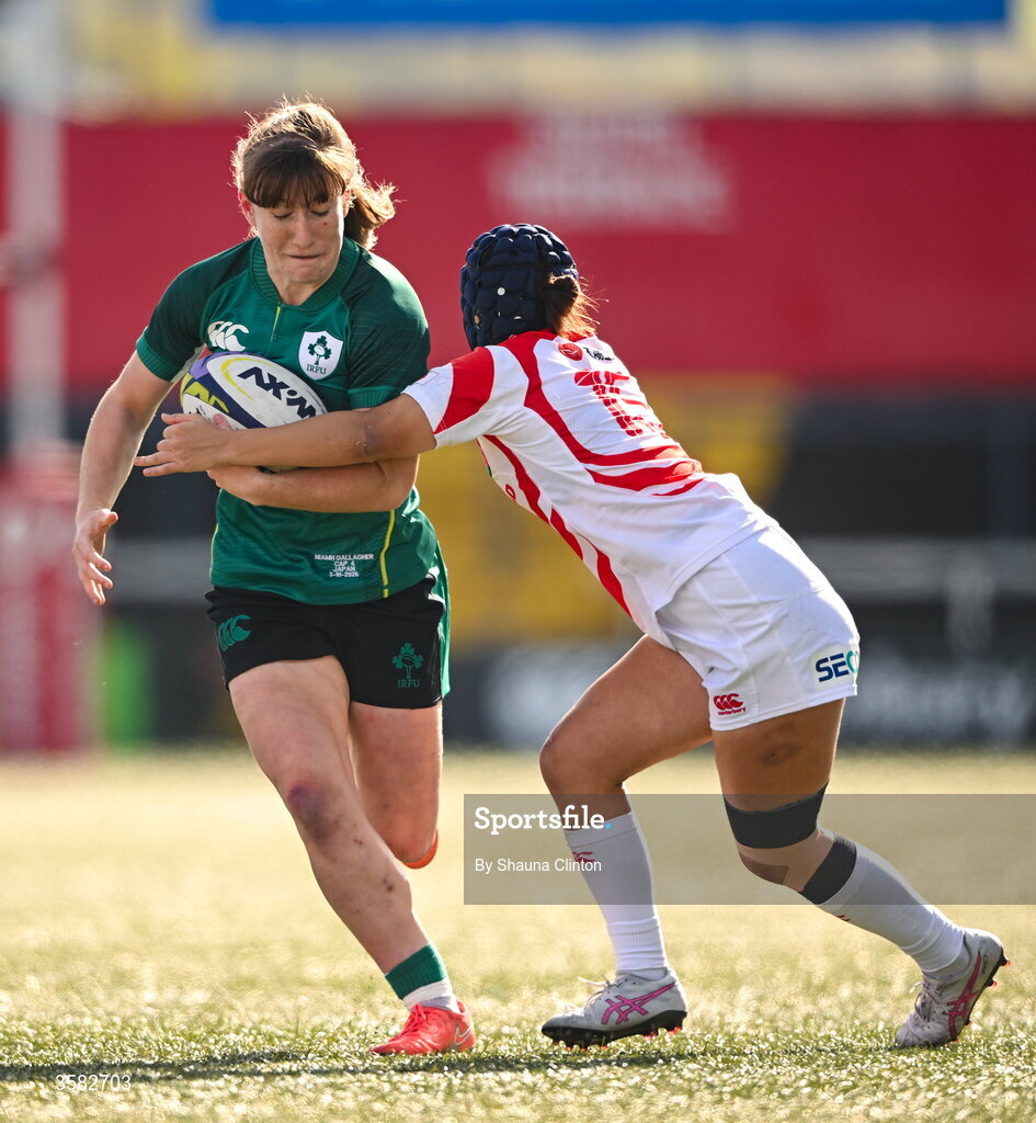 3 October 2026; Niamh Gallagher of Ireland is tackled by Maiko Nishi of Japan during the International Women's Rugby fixture between Ireland and Japan at Virgin Media Park in Cork. Photo by Shauna Clinton/Sportsfile