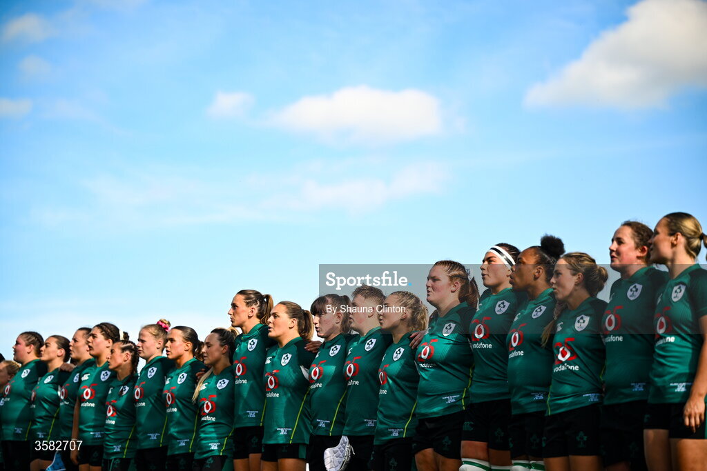 3 October 2026; Ireland players stand for the playing of the national anthems before the International Women's Rugby fixture between Ireland and Japan at Virgin Media Park in Cork. Photo by Shauna Clinton/Sportsfile