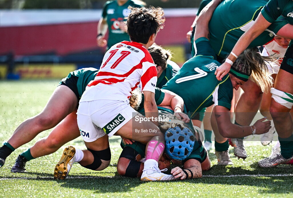 3 October 2026; Brittany Hogan of Ireland dives over to score her side's second try during the International Women's Rugby fixture between Ireland and Japan at Virgin Media Park in Cork. Photo by Seb Daly/Sportsfile