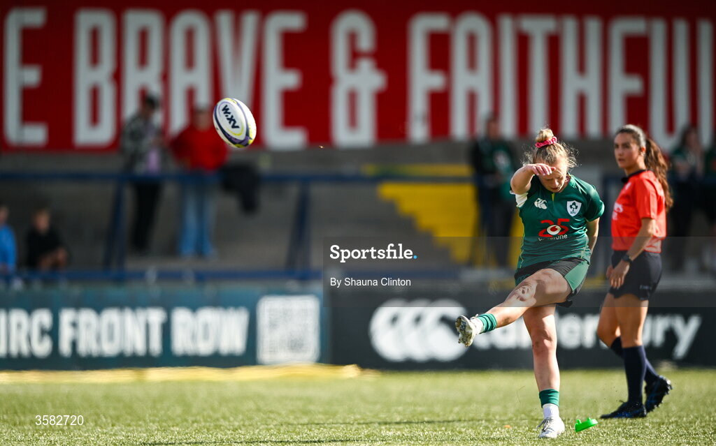 3 October 2026; Dannah O'Brien of Ireland kicks a conversion during the International Women's Rugby fixture between Ireland and Japan at Virgin Media Park in Cork. Photo by Shauna Clinton/Sportsfile