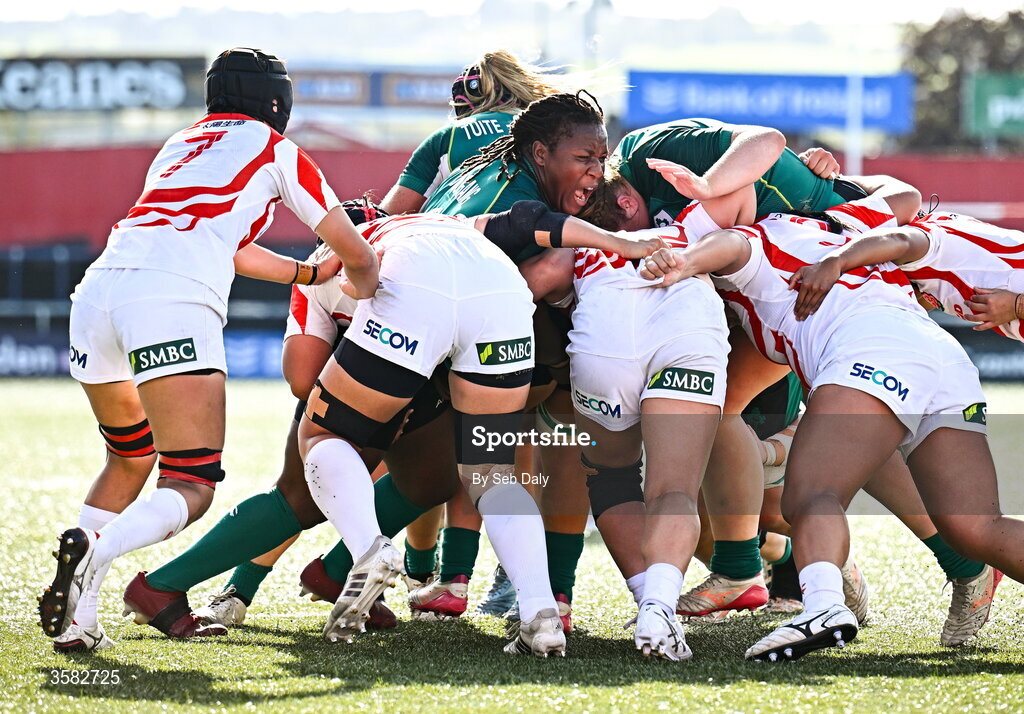 3 October 2026; Linda Djougang of Ireland during the International Women's Rugby fixture between Ireland and Japan at Virgin Media Park in Cork. Photo by Seb Daly/Sportsfile