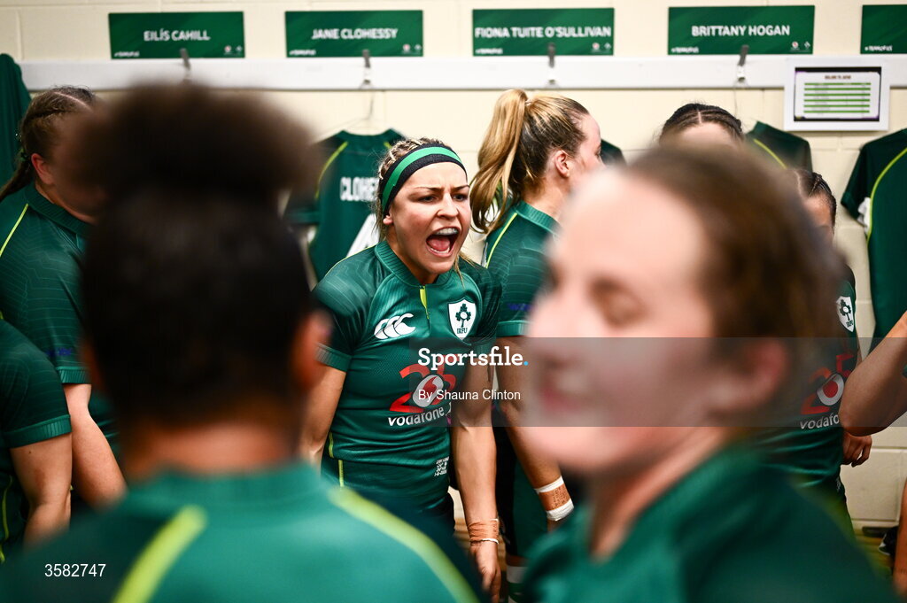 3 October 2026; Ireland captain Erin King, centre, speaks to team-mates in the dressing-room before the International Women's Rugby fixture between Ireland and Japan at Virgin Media Park in Cork. Photo by Shauna Clinton/Sportsfile