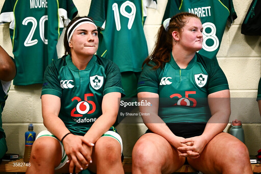 3 October 2026; Ireland debutants Kate Jordan, left, and Sophie Barrett in the dressing-room before the International Women's Rugby fixture between Ireland and Japan at Virgin Media Park in Cork. Photo by Shauna Clinton/Sportsfile