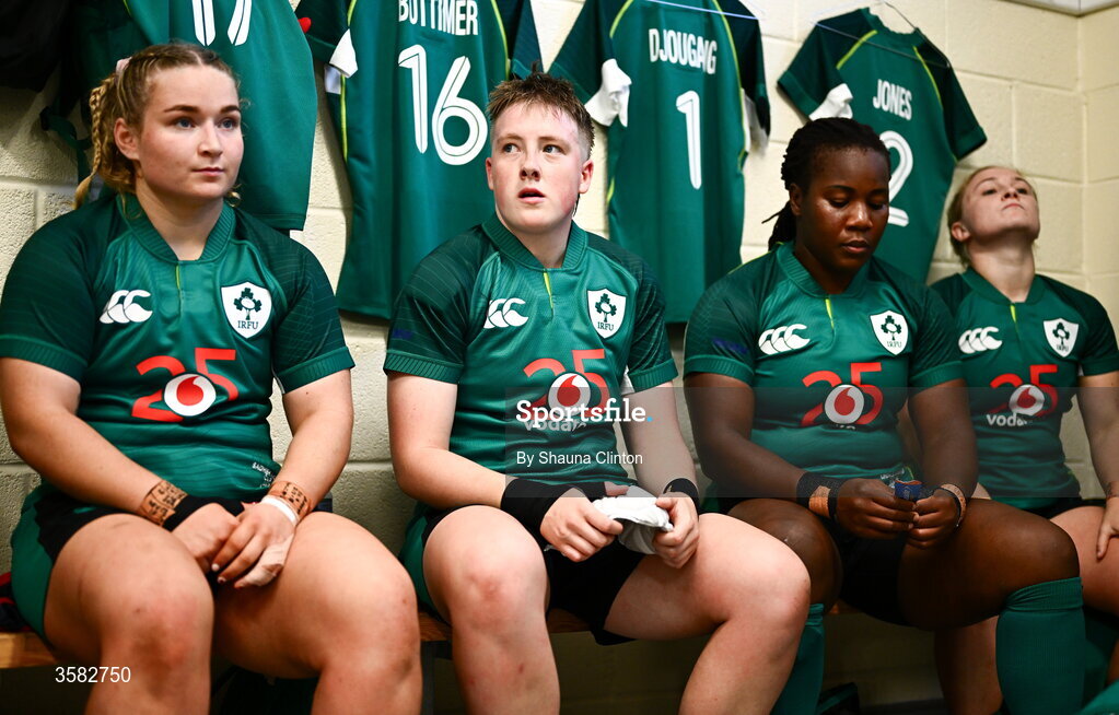 3 October 2026; Ireland players, from left, Sadhbh McGrath, Beth Buttimer, Linda Djougang and Neve Jones in the dressing-room before the International Women's Rugby fixture between Ireland and Japan at Virgin Media Park in Cork. Photo by Shauna Clinton/Sportsfile