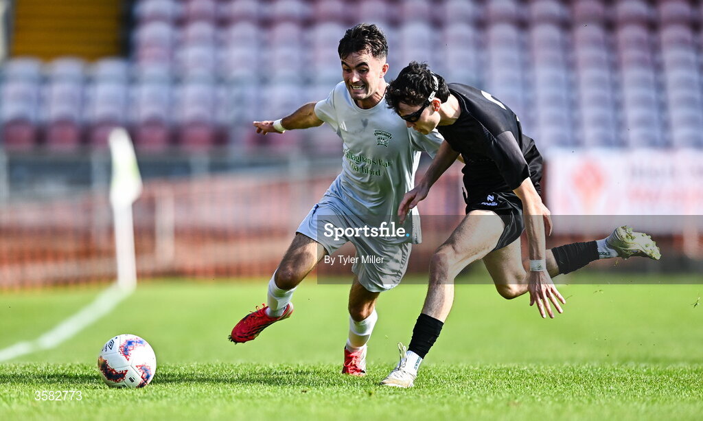 3 October 2026; Cialan O'Sullivan of Coachford in action against Sam Hickey of Evergreen during the FAI Junior Cup final between Coachford and Evergreen at Munster FA Turner's Cross Park in Cork. Photo by Tyler Miller/Sportsfile