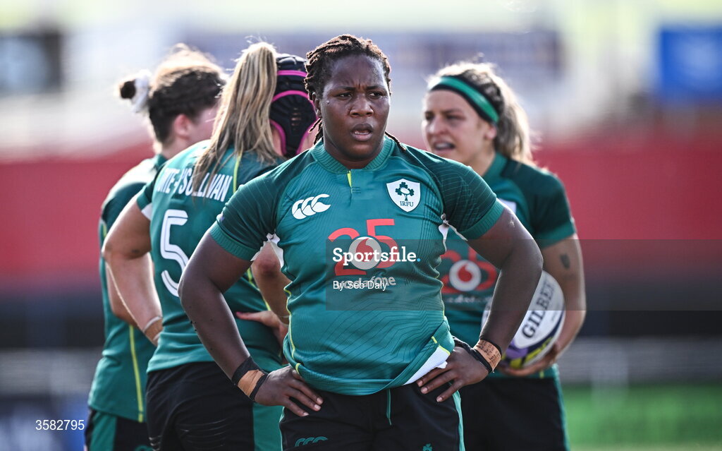 3 October 2026; Linda Djougang of Ireland during the International Women's Rugby fixture between Ireland and Japan at Virgin Media Park in Cork. Photo by Seb Daly/Sportsfile