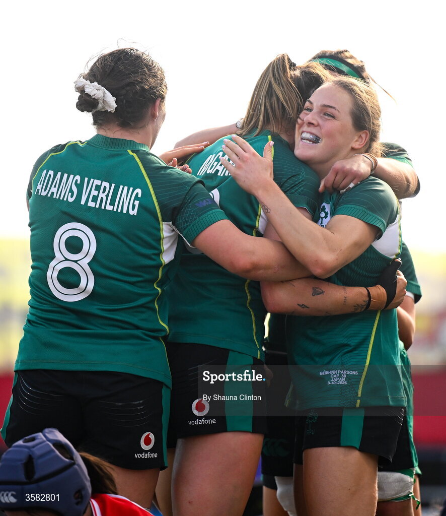 3 October 2026; Anna McGann of Ireland, centre, celebrates with team-mates after scoring a try during the International Women's Rugby fixture between Ireland and Japan at Virgin Media Park in Cork. Photo by Shauna Clinton/Sportsfile