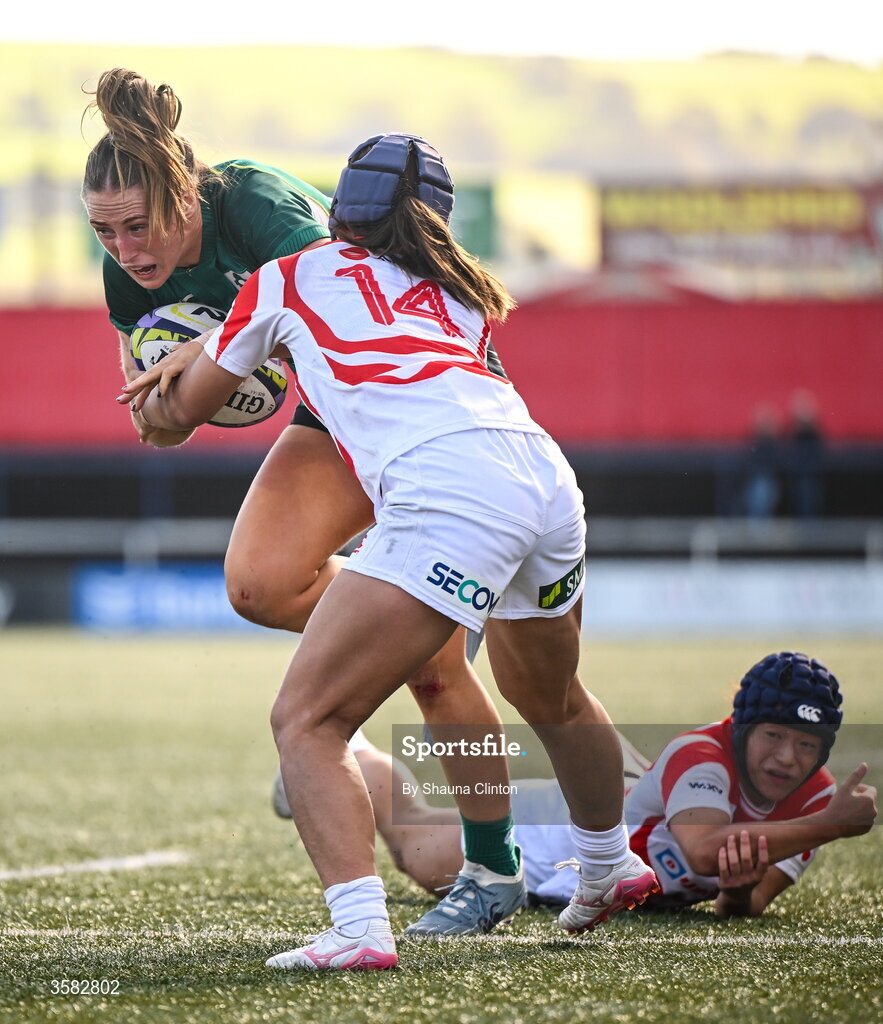 3 October 2026; Anna McGann of Ireland is tackled by Honoka Tsunokawa of Japan during the International Women's Rugby fixture between Ireland and Japan at Virgin Media Park in Cork. Photo by Shauna Clinton/Sportsfile