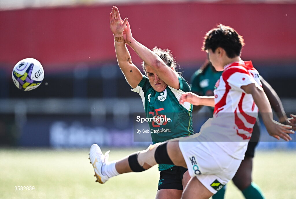 3 October 2026; Emily Lane of Ireland attempts to charge down Japan's Komachi Imakugi during the International Women's Rugby fixture between Ireland and Japan at Virgin Media Park in Cork. Photo by Seb Daly/Sportsfile