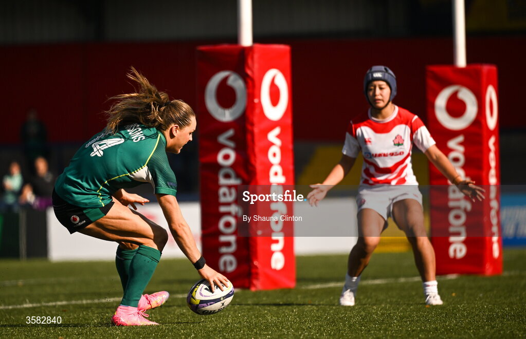 3 October 2026; Béibhinn Parsons of Ireland scores her side's fifth try during the International Women's Rugby fixture between Ireland and Japan at Virgin Media Park in Cork. Photo by Shauna Clinton/Sportsfile