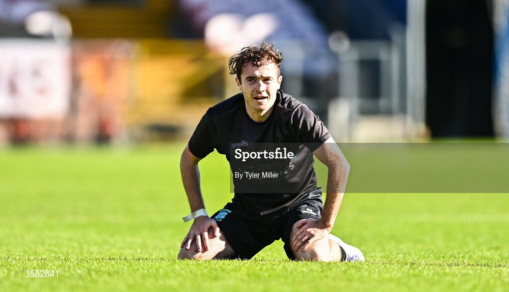 3 October 2026; Ben Hickey of Evergreen reacts during the FAI Junior Cup final between Coachford and Evergreen at Munster FA Turner's Cross Park in Cork. Photo by Tyler Miller/Sportsfile