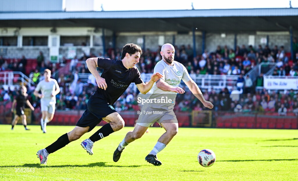 3 October 2026; Dara Keane of Evergreen in action against Sean O'Sullivan of Coachford during the FAI Junior Cup final between Coachford and Evergreen at Munster FA Turner's Cross Park in Cork. Photo by Tyler Miller/Sportsfile