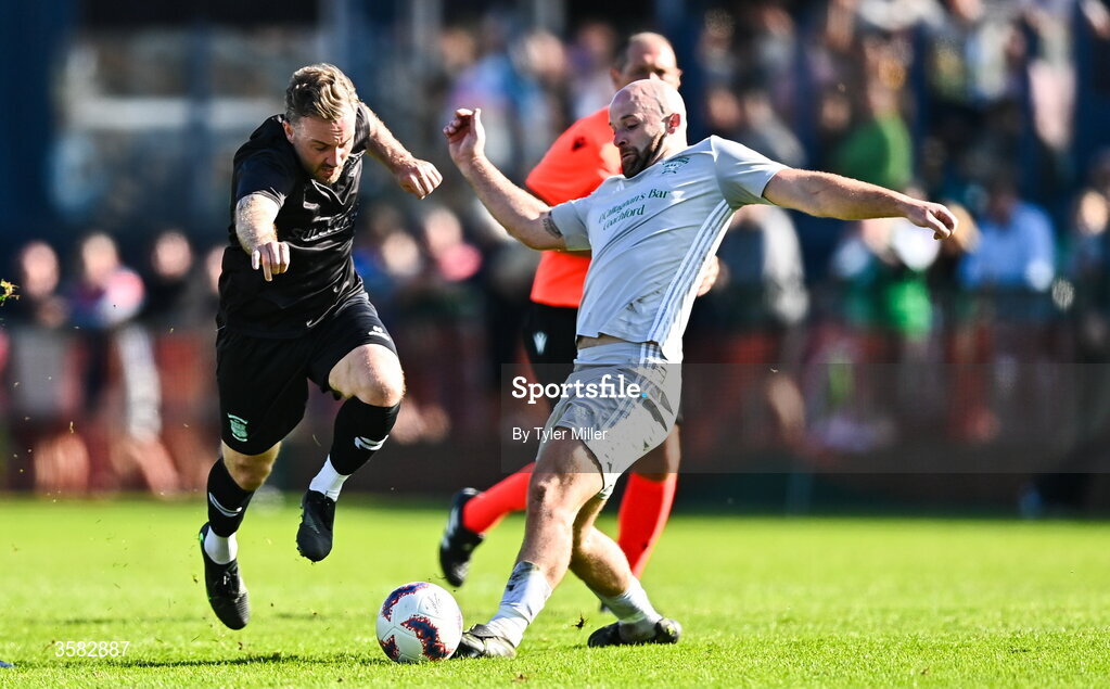 3 October 2026; David Grincell of Evergreen in action against Sean O'Sullivan of Coachford during the FAI Junior Cup final between Coachford and Evergreen at Munster FA Turner's Cross Park in Cork. Photo by Tyler Miller/Sportsfile