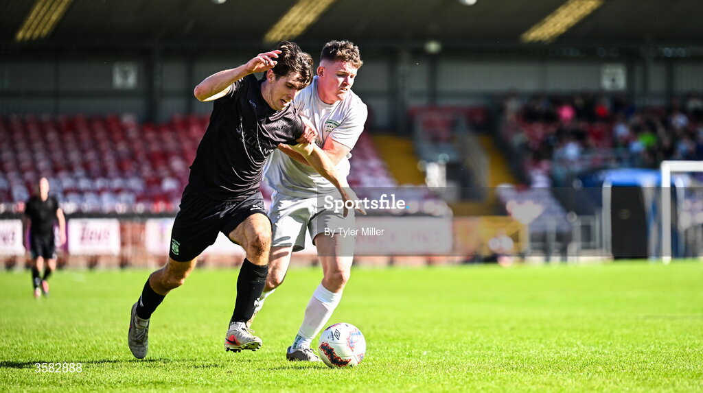 3 October 2026; Dara Keane of Evergreen in action against Matthew Bradley of Coachford during the FAI Junior Cup final between Coachford and Evergreen at Munster FA Turner's Cross Park in Cork. Photo by Tyler Miller/Sportsfile