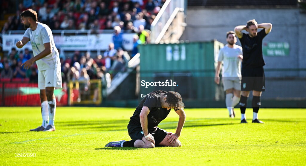 3 October 2026; Ben Hickey of Evergreen reacts during the FAI Junior Cup final between Coachford and Evergreen at Munster FA Turner's Cross Park in Cork. Photo by Tyler Miller/Sportsfile