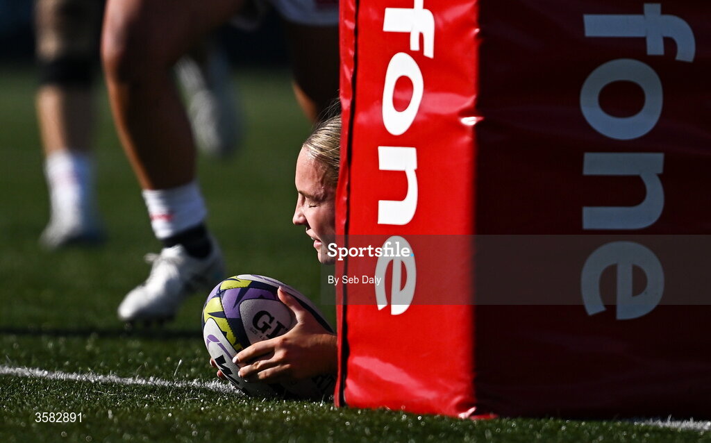 3 October 2026; Alana McInerney of Ireland scores her side's fifth try during the International Women's Rugby fixture between Ireland and Japan at Virgin Media Park in Cork. Photo by Seb Daly/Sportsfile
