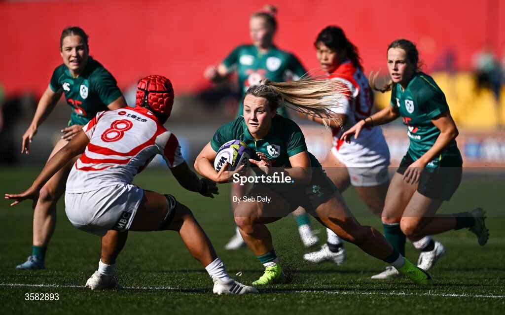 3 October 2026; Aoife Dalton of Ireland in action against Jennifer Nduka of Japan during the International Women's Rugby fixture between Ireland and Japan at Virgin Media Park in Cork. Photo by Seb Daly/Sportsfile