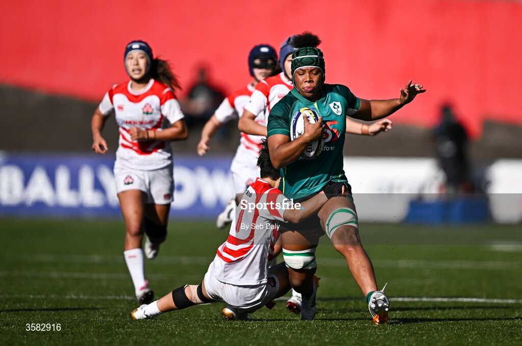 3 October 2026; Grace Moore of Ireland is tackled by Komachi Imakugi of Japan during the International Women's Rugby fixture between Ireland and Japan at Virgin Media Park in Cork. Photo by Seb Daly/Sportsfile